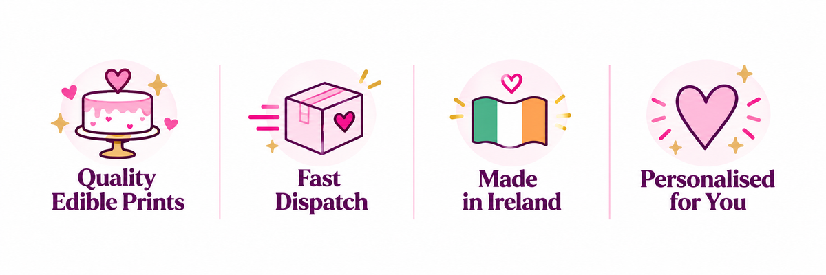 Four pink and purple vector icons with text on a white background: a cake with the words 'Quality Edible Prints,' a package with 'Fast Dispatch,' an Irish flag with 'Made in Ireland,' and a heart with 'Personalised for You.'.