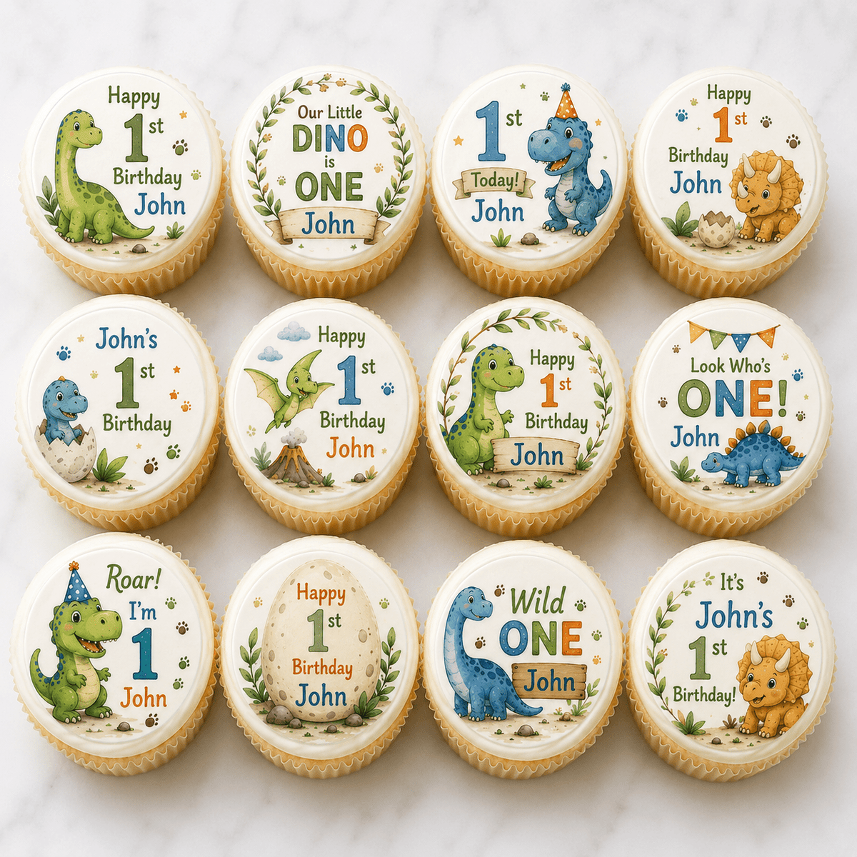Dinosaur First Birthday Cupcake Toppers – Edible Cupcake Toppers - The Cake Print Studio