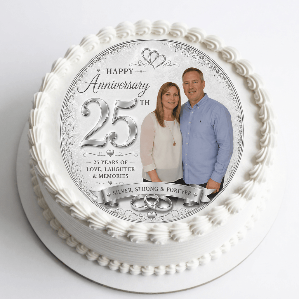 Silver Wedding Anniversary Cake Topper with Photo - 25th Wedding Anniversary - The Cake Print Studio