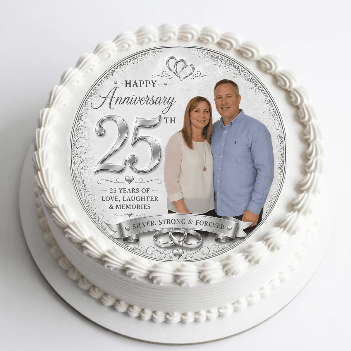 Silver Wedding Anniversary Cake Topper with Photo - 25th Wedding Anniversary - The Cake Print Studio
