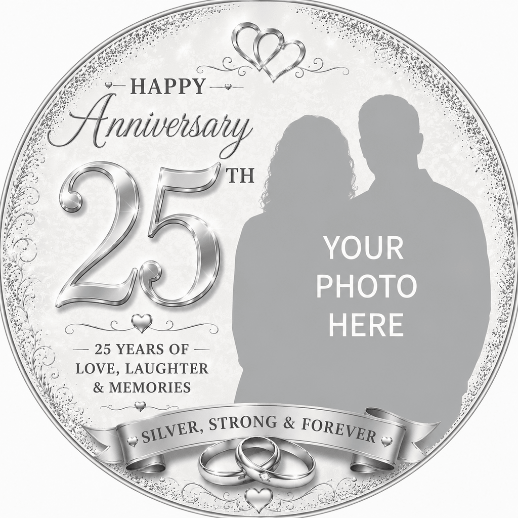 Silver Wedding Anniversary Cake Topper with Photo - 25th Wedding Anniversary - The Cake Print Studio
